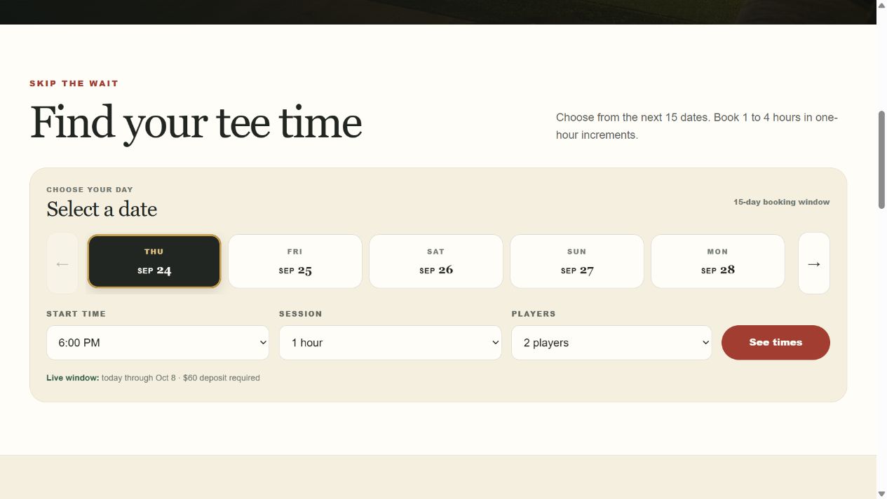 Top Shelf Golf tee-time booking section with date, session, and player selections.