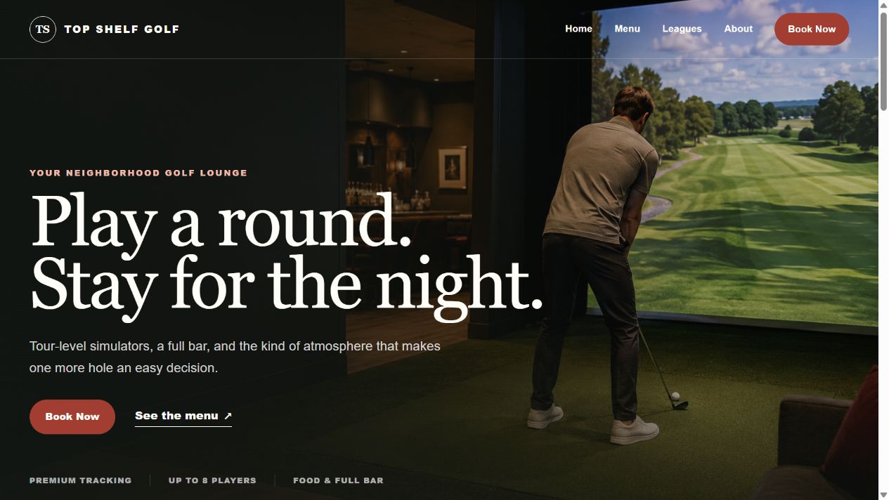 Top Shelf Golf homepage with its indoor golf simulator and lounge introduction.